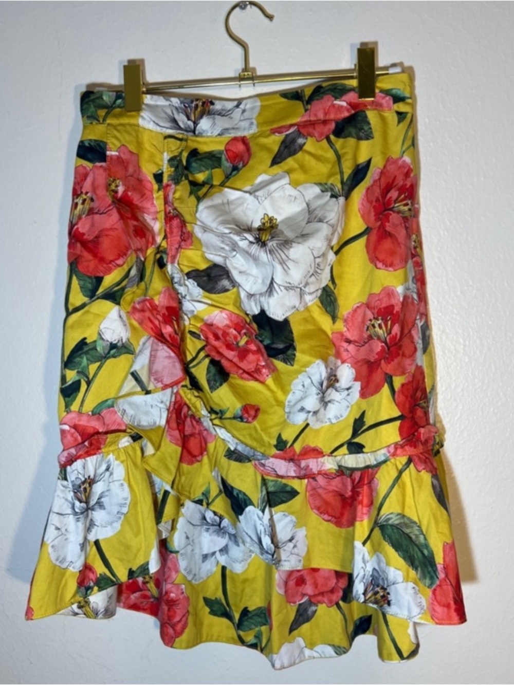 Parker Yellow Coral Orange White Floral Cotton Skirt with Ruffle Hem Small 2